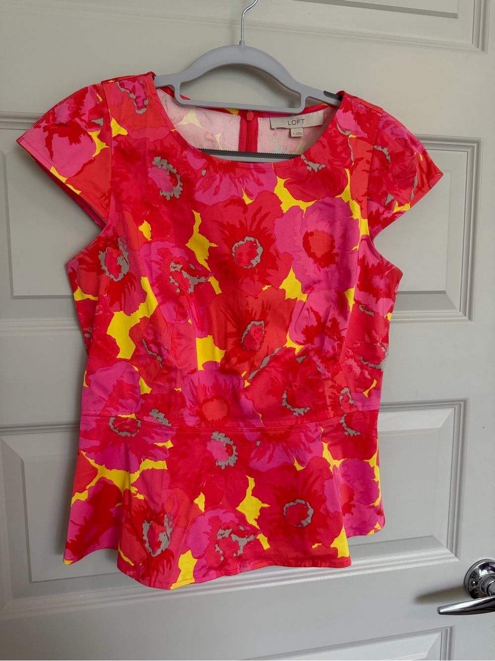 LOFT Bright Pink & Yellow Floral Peplum Cap-Sleeve Top